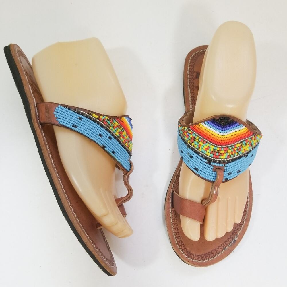 New Beaded rainbow leather flip flops Rose sandals